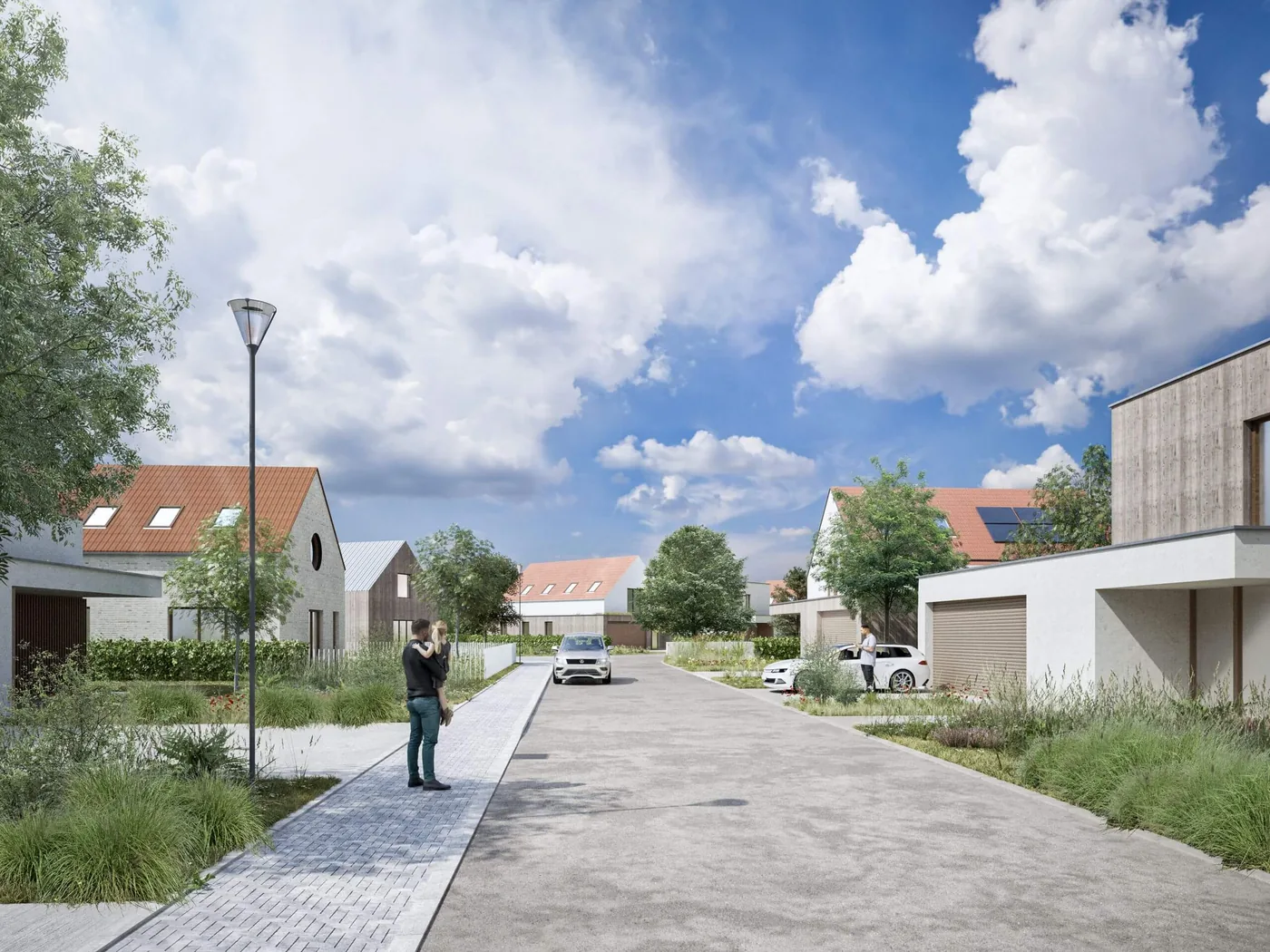 Vizualizace nové ulice — bílé a dřevěné domy se sedlovými střechami, chodník a travnaté pásy podél vozovky